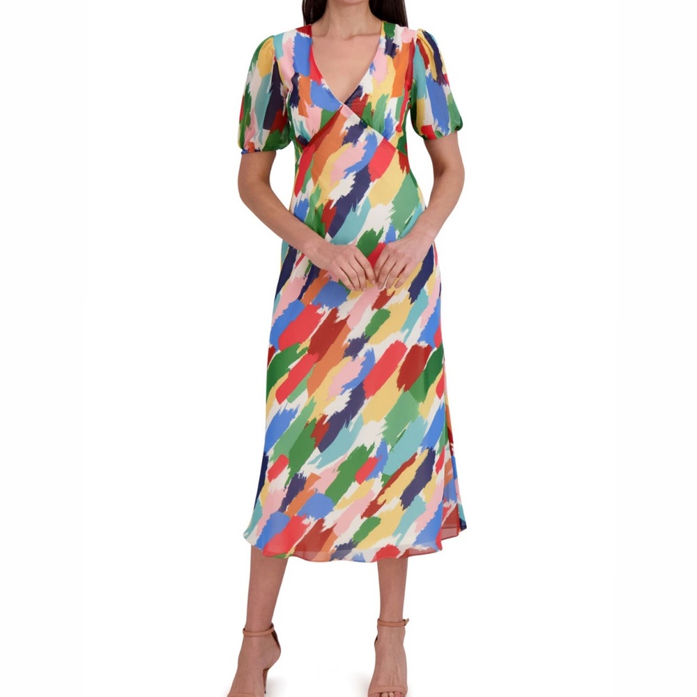 Julia Jordan Multicolor Midi Puff Sleeve Dress Size 14 NWT